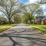Quiet residential street in Prichard, Alabama, with mature Oak trees forming a canopy over the road.